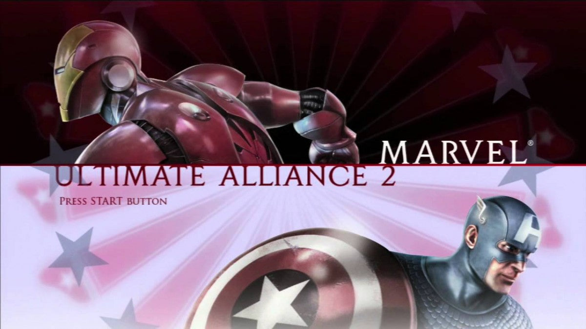 Marvel Ultimate Alliance 2 titlescreen for Playstation 3 (PS3) super hero video game. 