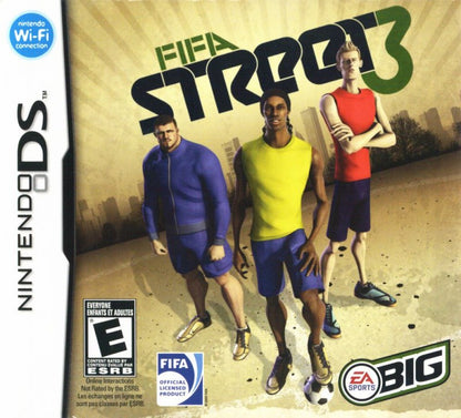 FIFA Street 3 Nintendo DS cover art for retro video game featuring arcade style street soccer gameplay, trick moves, fast paced matches, stylized football stars, and portable sports action on the Nintendo DS handheld system