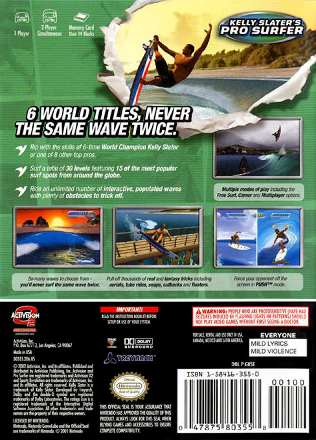 Kelly Slater's Pro Surfer back of case for GameCube (GC) surfing sports video game