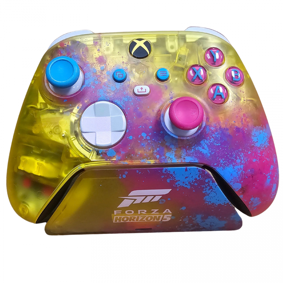 Forza Horizon 5 Limited Edition Controller with Razer Universal Quick Charging Stand Xbox Series X Xbox Series S XSX gaming accessory featuring Forza Horizon 5 themed controller design racing inspired styling wireless gameplay controls ergonomic design rechargeable battery support quick charging stand and Xbox gaming hardware collectible accessory appeal on charging stand front