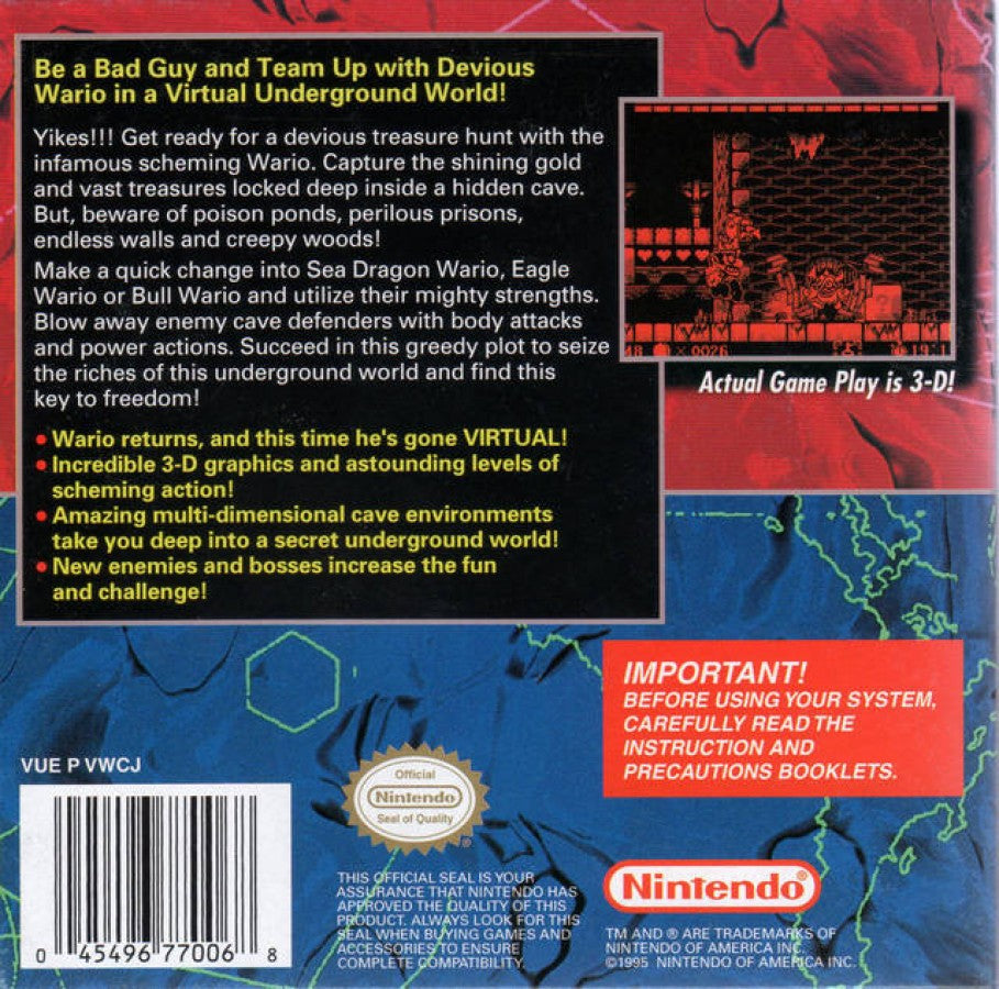 Wario Land Virtual Boy VB video game featuring Wario platforming adventure gameplay stereoscopic 3D environments enemy battles treasure collecting challenging levels hidden secrets classic Nintendo Virtual Boy gameplay retro video game collection collectible gaming appeal back cover art