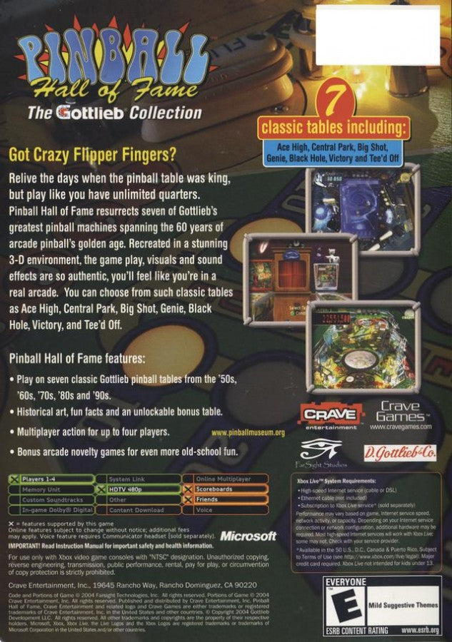 Pinball Hall of Fame: The Gottlieb Collection back cover art for Xbox (XBOX) video game