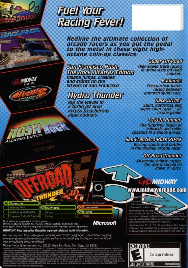 Midway Arcade Treasures 3 for Xbox – Classic racing and arcade game compilation for the original XBOX console back cover art