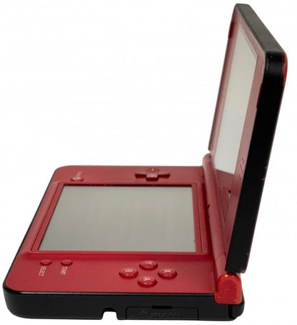 Nintendo DSi XL Mario 25th Anniversary Edition inspired design featuring collectible handheld gaming console aesthetic vibrant red finish Super Mario themed celebration edition oversized dual screens portable Nintendo entertainment iconic anniversary hardware presentation open side 