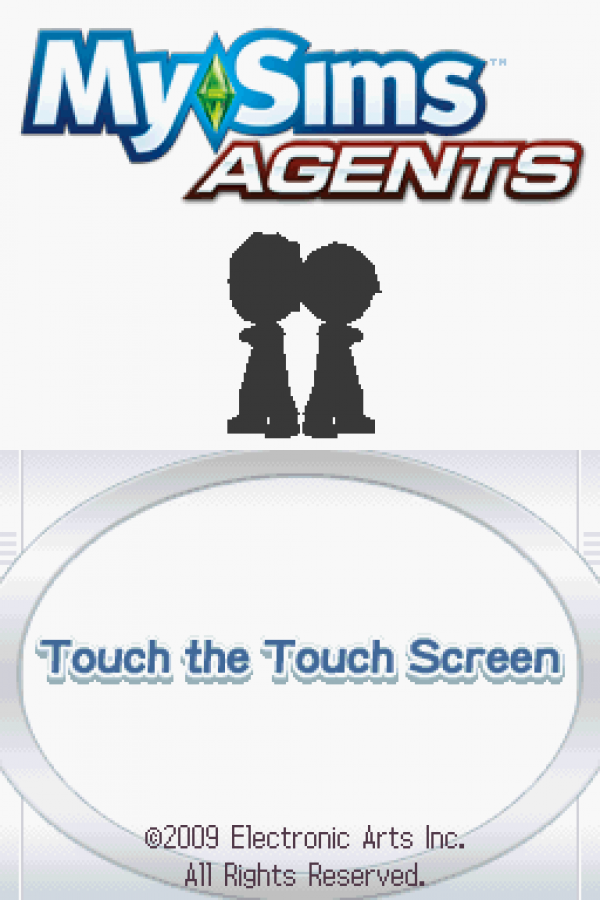 MySims Agents for Nintendo DS, title screen for an action-adventure simulation video game with detective gameplay, puzzle-solving, mission-based progression, and cartoon-style characters