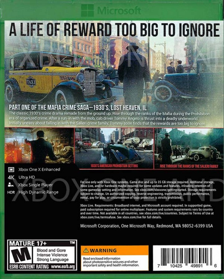 Mafia : Definitive Edition back of case for Xbox One (XONE) action-adventure video game.