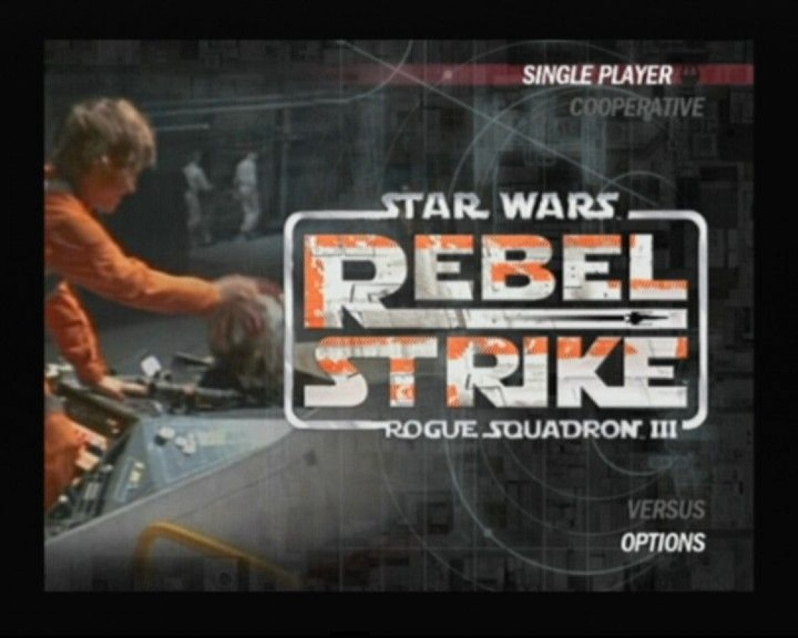 Star Wars: Rebel Strike: Rogue Squadron III start screen for Nintendo GameCube (GC) space combat action video game