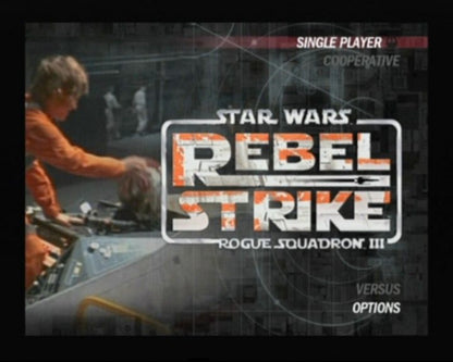 Star Wars: Rebel Strike: Rogue Squadron III start screen for Nintendo GameCube (GC) space combat action video game