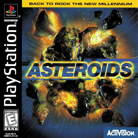 Asteroids PlayStation PS1 for arcade shooter video game fans featuring classic asteroid blasting gameplay fast paced spaceship combat rotating controls challenging enemy waves high score competition updated PlayStation graphics retro arcade action collectible gaming appeal front cover art