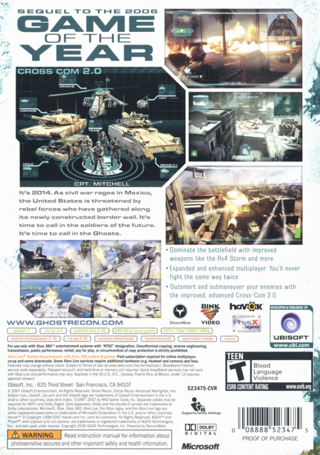Tom Clancy's Ghost Recon: Advanced Warfighter 2 back of case for Xbox 360 (X360) tactical military shooter video game