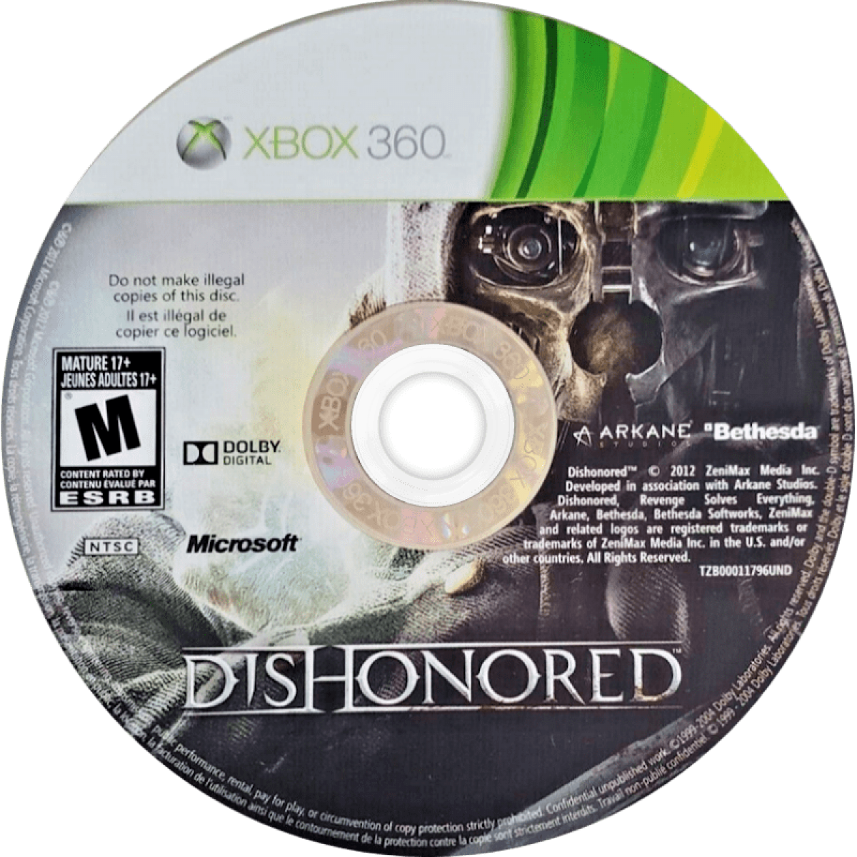 Dishonored disc for Xbox 360 (X360) stealth action-adventure video game