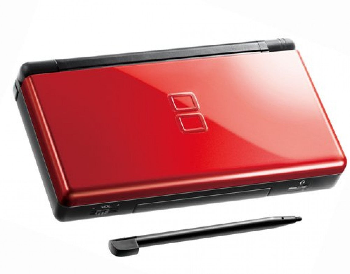 Nintendo DS Lite Crimson Red and Black handheld gaming system featuring a sleek dual color design with dual screens touch controls and compatibility with Nintendo DS and Game Boy Advance games