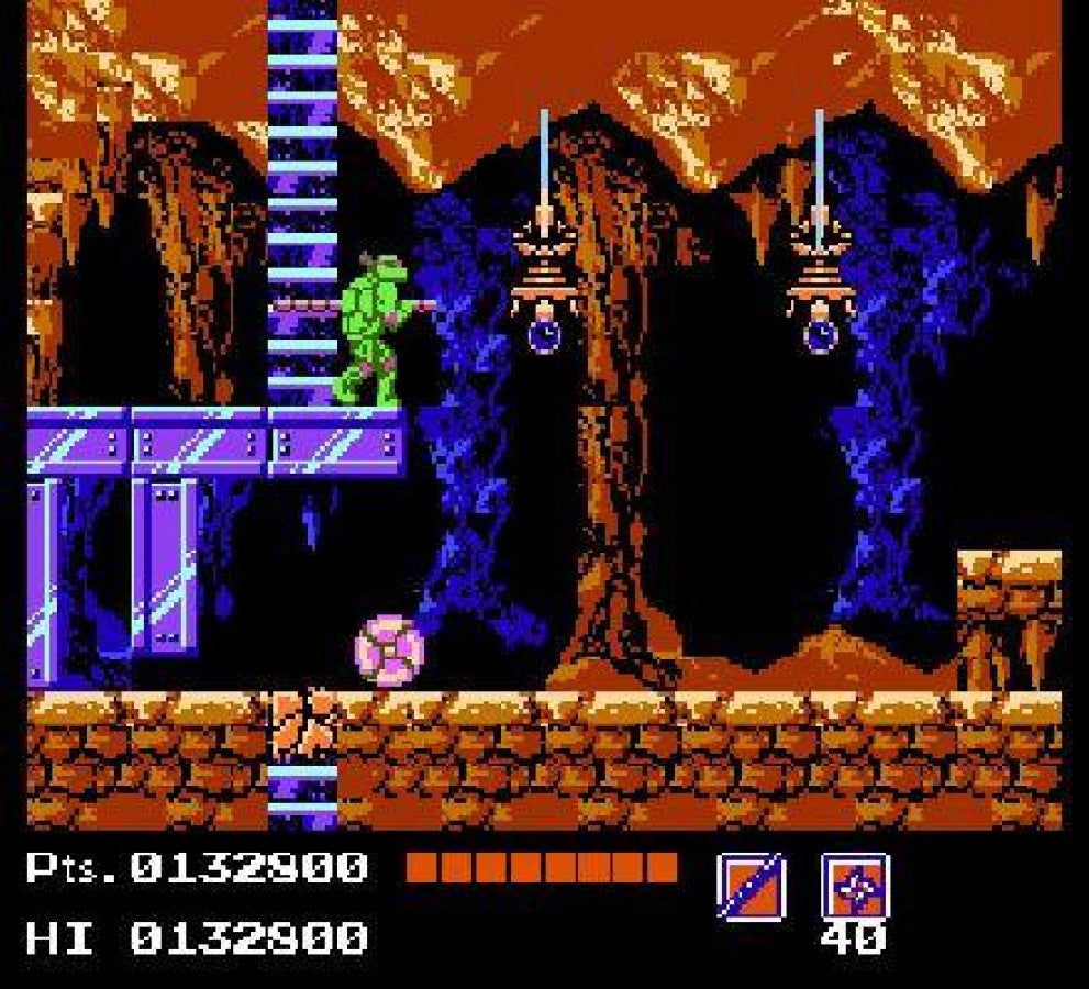Teenage Mutant Ninja Turtles cartridge for the Nintendo Entertainment System featuring retro 8 bit side scrolling action as Leonardo Donatello Michelangelo and Raphael battle Shredder and the Foot Clan across New York City gameplay 