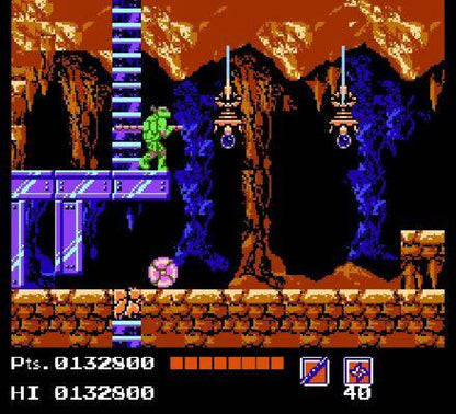 Teenage Mutant Ninja Turtles cartridge for the Nintendo Entertainment System featuring retro 8 bit side scrolling action as Leonardo Donatello Michelangelo and Raphael battle Shredder and the Foot Clan across New York City gameplay 