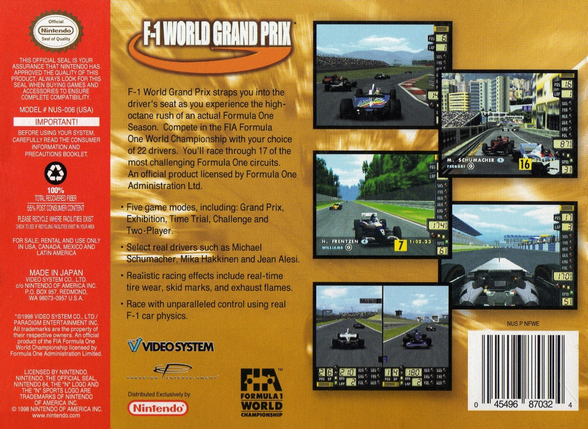 F-1 World Grand Prix Nintendo 64 N64 video game featuring Formula One racing gameplay licensed F1 drivers and teams high speed open wheel race cars realistic Grand Prix circuits championship season mode time trials pit stops vehicle handling racing strategy and classic 64 bit Nintendo motorsport action retro video game collection collectible gaming appeal back cover art