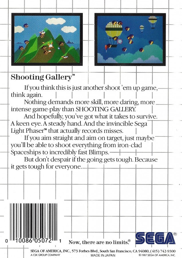 Shooting Gallery Sega Master System SMS for arcade shooting video game fans featuring target shooting gameplay quick reflex challenges colorful targets multiple shooting stages score based action and classic Sega Master System gameplay collectible retro gaming appeal back cover art