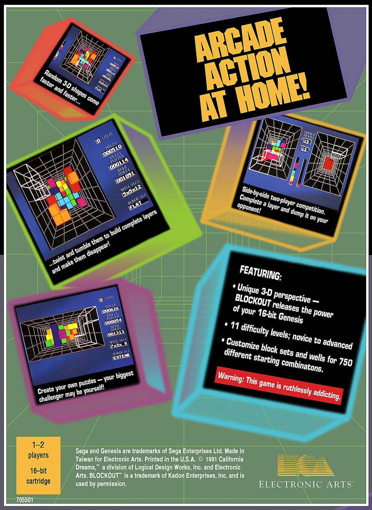 Blockout Sega Genesis Blockout 3D puzzle game falling blocks arcade style spatial puzzle gameplay retro 90s puzzle title classic Genesis game back cover art