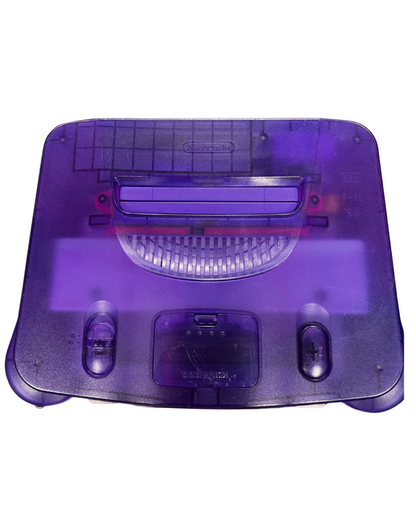 Top-down view of a Funtastic grape purple Nintendo 64 console with translucent casing and cartridge slot visible.