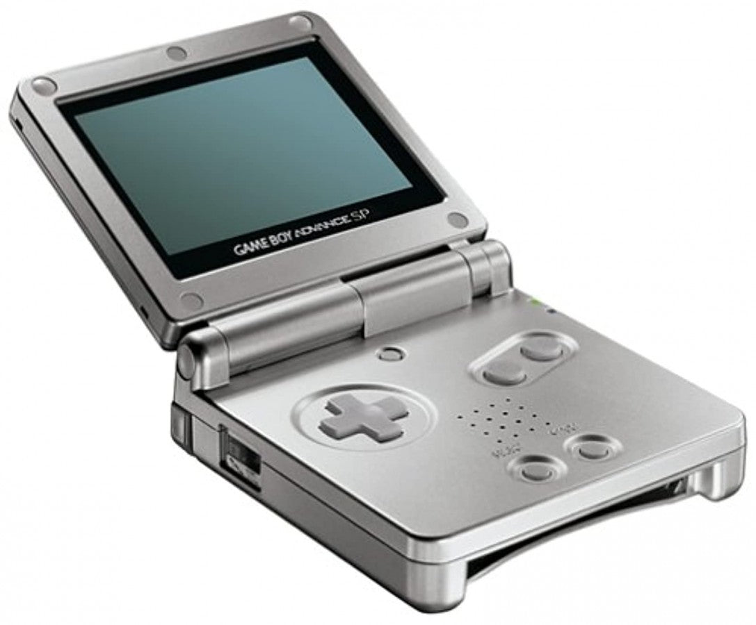 Game Boy Advance SP Platinum handheld gaming console.