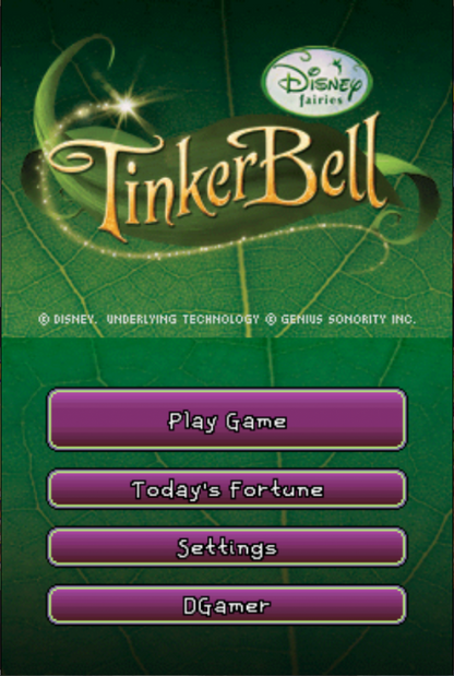 Disney Fairies Tinker Bell Nintendo DS title screen for retro video game featuring magical fairy adventures, Tinker Bell and Pixie Hollow characters, creative activities, exploration gameplay, enchanting fantasy environments, and family friendly handheld entertainment on Nintendo DS 
