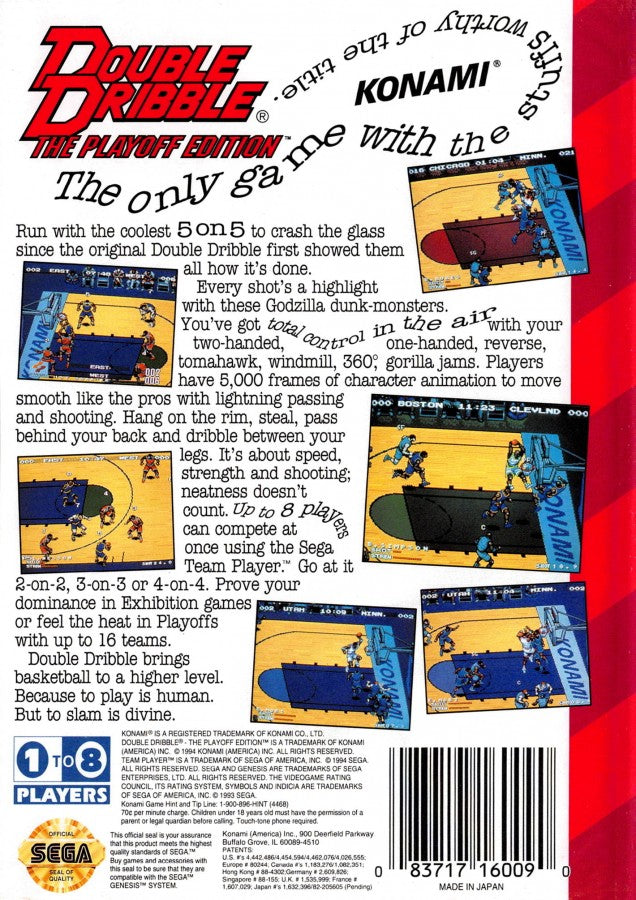 Double Dribble The Playoff Edition Sega Genesis video game, basketball sports action, arcade-style gameplay, retro console title back cover