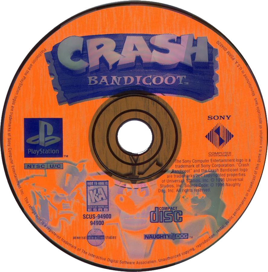 Crash Bandicoot PlayStation 1 PS1 video game, action platformer, classic mascot platforming gameplay, iconic Sony console title disc