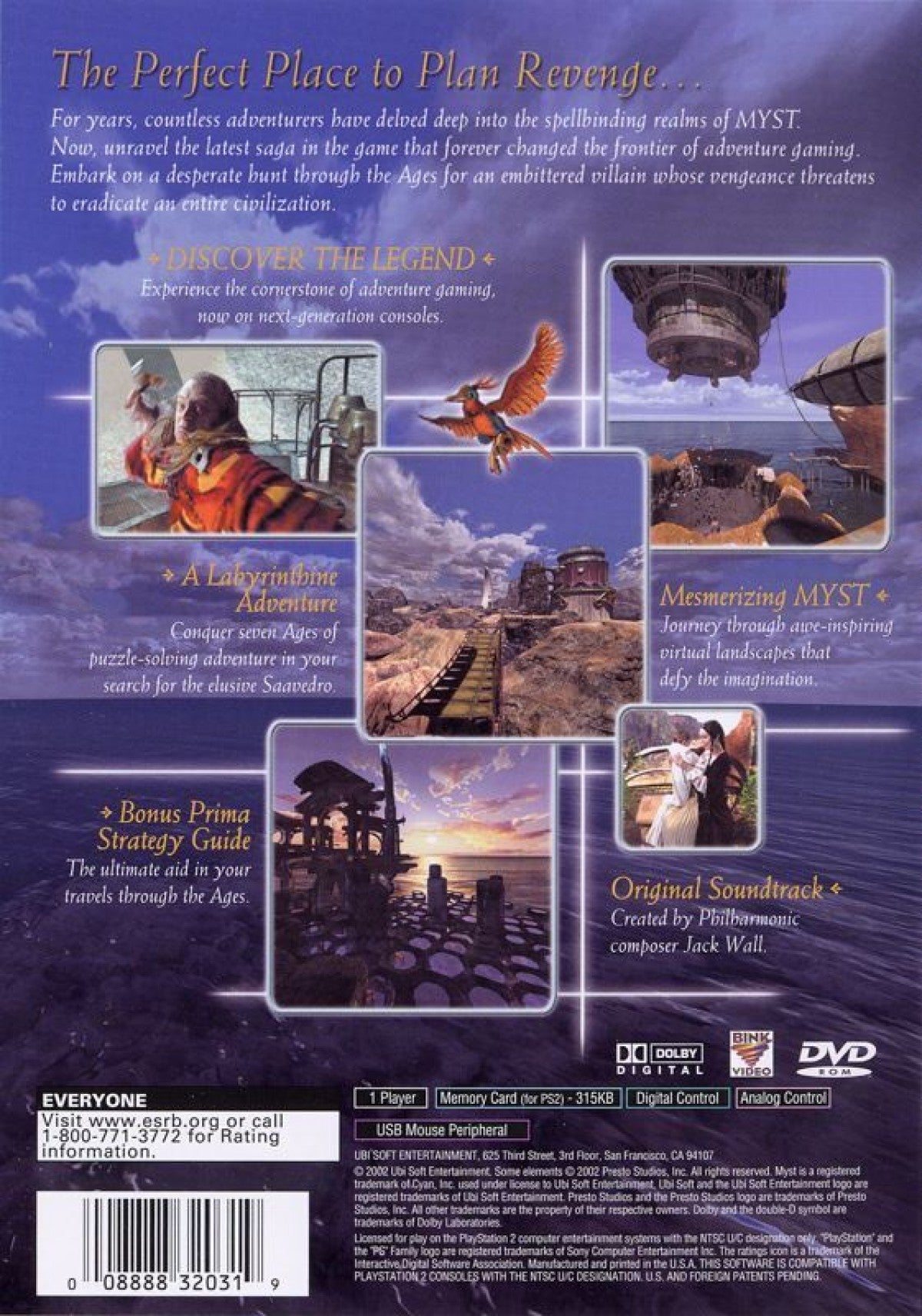 Myst III Exile PlayStation 2 PS2 video game, puzzle adventure, atmospheric exploration, classic Myst series title back cover art