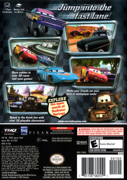 Disney Pixar Cars GameCube inspired design featuring animated racing adventure aesthetic Lightning McQueen Radiator Springs characters fast paced driving gameplay colorful family friendly action movie inspired automotive excitement nostalgic Nintendo presentation back cover