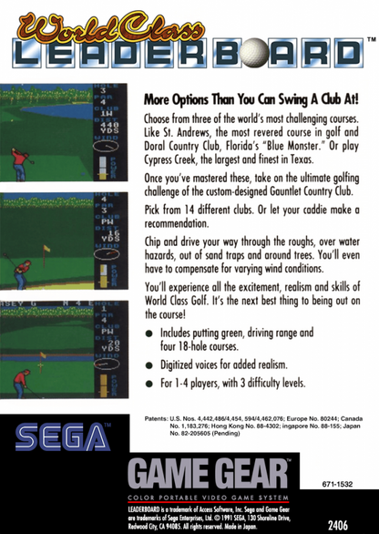 World Class Leader Board Golf back cover art for Sega Game Gear (GG) video game
