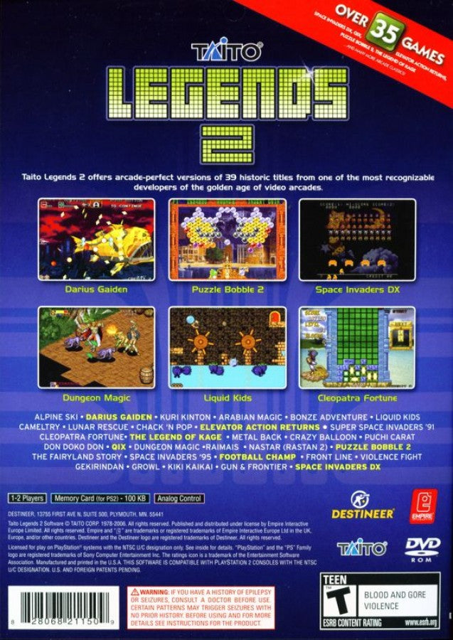 Taito Legends 2 – PlayStation 2 (PS2) video game back of case, classic arcade compilation.