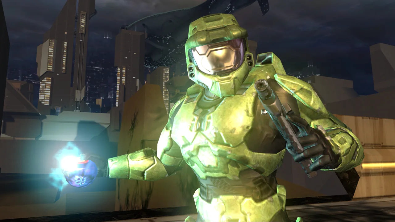 Halo 2 Platinum Hits Xbox inspired design featuring legendary sci fi first person shooter aesthetic Master Chief interstellar warfare futuristic alien battles iconic multiplayer action cinematic campaign gameplay classic Xbox gaming nostalgia presentation gameplay 