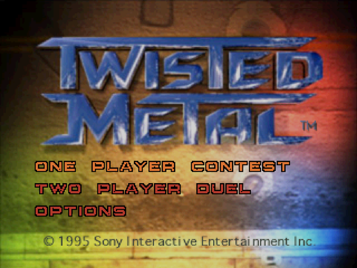 Twisted Metal for PlayStation 1, title screen for a vehicular combat video game with car battles, destructive weapons, arena-based action, and classic arcade-style multiplayer gameplay