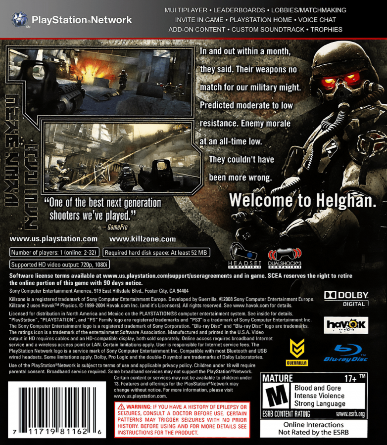 Killzone 2 back cover art for PlayStation 3 PS3 video game