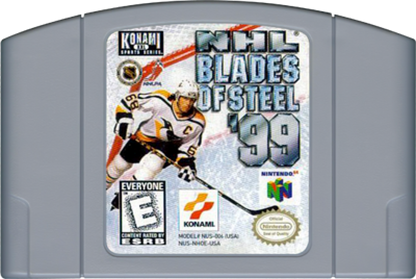 NHL Blades of Steel 99 game for the Nintendo 64 featuring arcade style hockey gameplay with fast paced matches exaggerated hits season modes and multiplayer competition based on the Blades of Steel series cartridge
