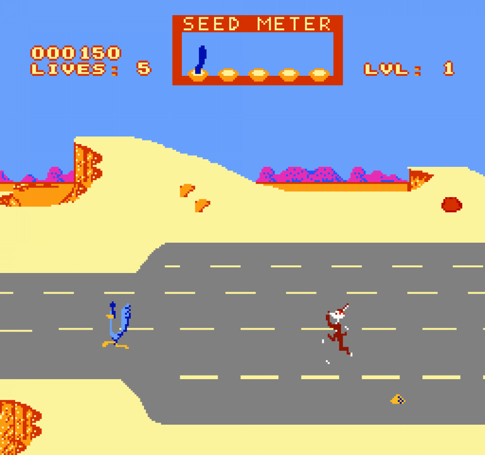 Road Runner Nintendo Entertainment System NES video game featuring classic arcade action gameplay Wile E Coyote and Road Runner Looney Tunes characters high speed desert chase levels obstacle dodging cartoon style action enemy avoidance platforming challenges colorful environments and classic 8 bit Nintendo gameplay retro video game collection collectible gaming appeal gameplay