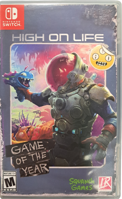 High on Life Game of the Year Edition Nintendo Switch inspired design featuring comedic first person shooter aesthetic talking alien weapons absurd sci fi humor fast paced combat colorful alien worlds satirical storytelling and chaotic adventure gameplay presentation front cover