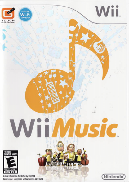 Wii Music cover art for Nintendo Wii (Wii) featuring motion‑controlled music creation with virtual instruments, jam sessions, and playful performance modes.