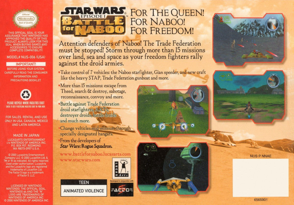 Star Wars Battle for Naboo Nintendo 64 N64 for retro video game enthusiasts featuring action flight combat gameplay iconic Star Wars missions vehicle based battles cinematic space and planetary combat multiplayer action and collectible gaming appeal back cover 
