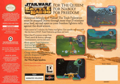 Star Wars Battle for Naboo Nintendo 64 N64 for retro video game enthusiasts featuring action flight combat gameplay iconic Star Wars missions vehicle based battles cinematic space and planetary combat multiplayer action and collectible gaming appeal back cover 