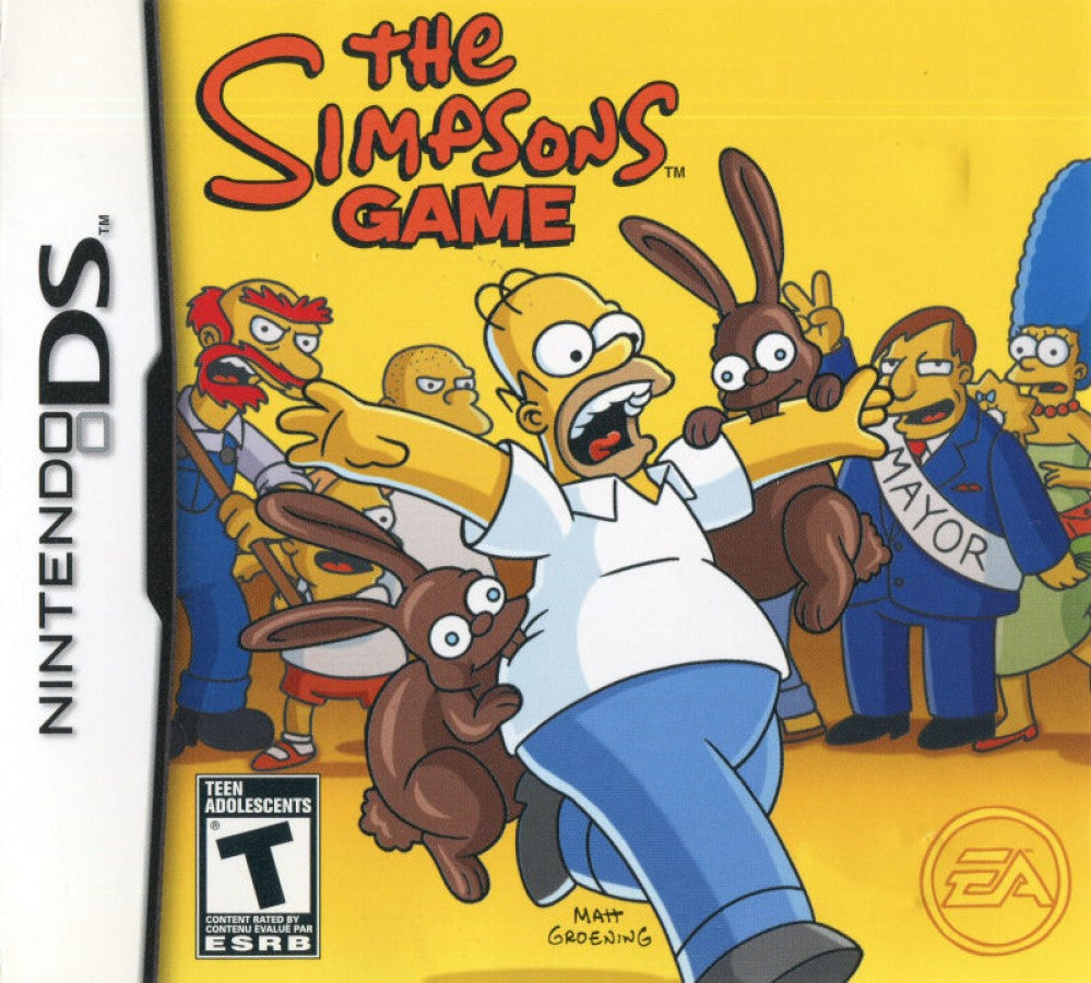 The Simpsons Game Nintendo DS action-platformer parody video game tropes Homer Marge Bart Lisa Maggie four playable characters touch screen minigames original voice actors cover art
