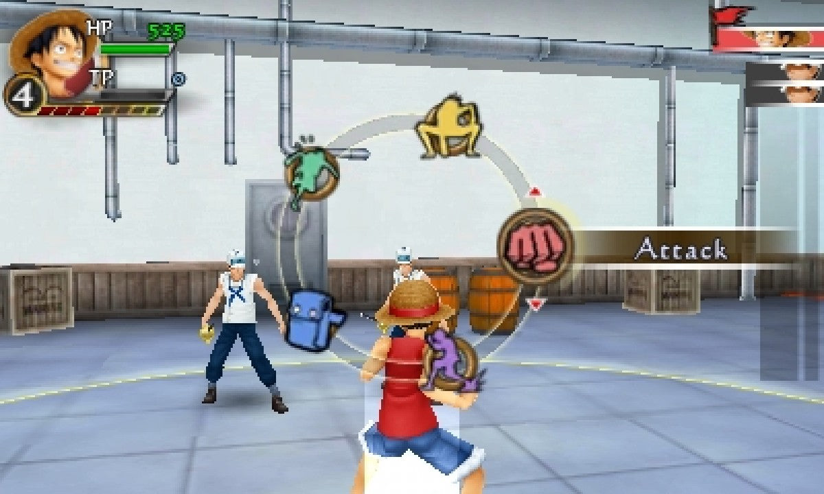 One Piece Romance Dawn Nintendo 3DS game featuring turn based RPG gameplay following Luffy and the Straw Hat crew with story driven adventures character progression and battles based on the One Piece anime series gameplay  