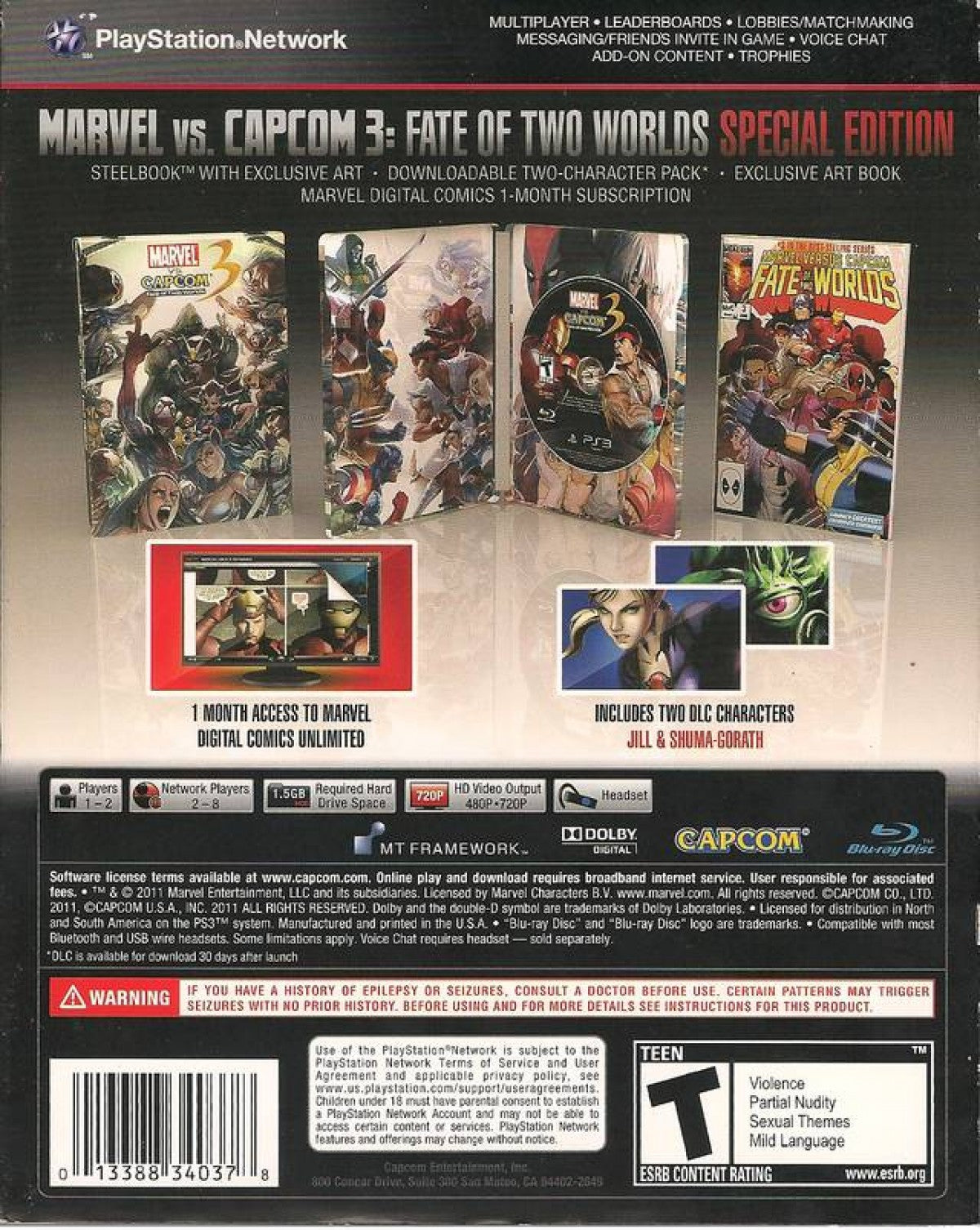 Marvel vs. Capcom 3: Fate of Two Worlds Special Edition for Xbox 360 with crossover fighting action and collectible edition content back cover