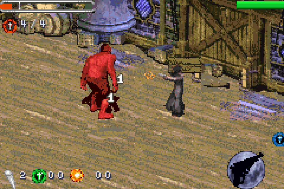 Van Helsing for Game Boy Advance (GBA), gameplay for a retro video game featuring action-adventure gameplay, monster hunting combat, side-scrolling levels, supernatural enemies, and movie-inspired gothic fantasy battles