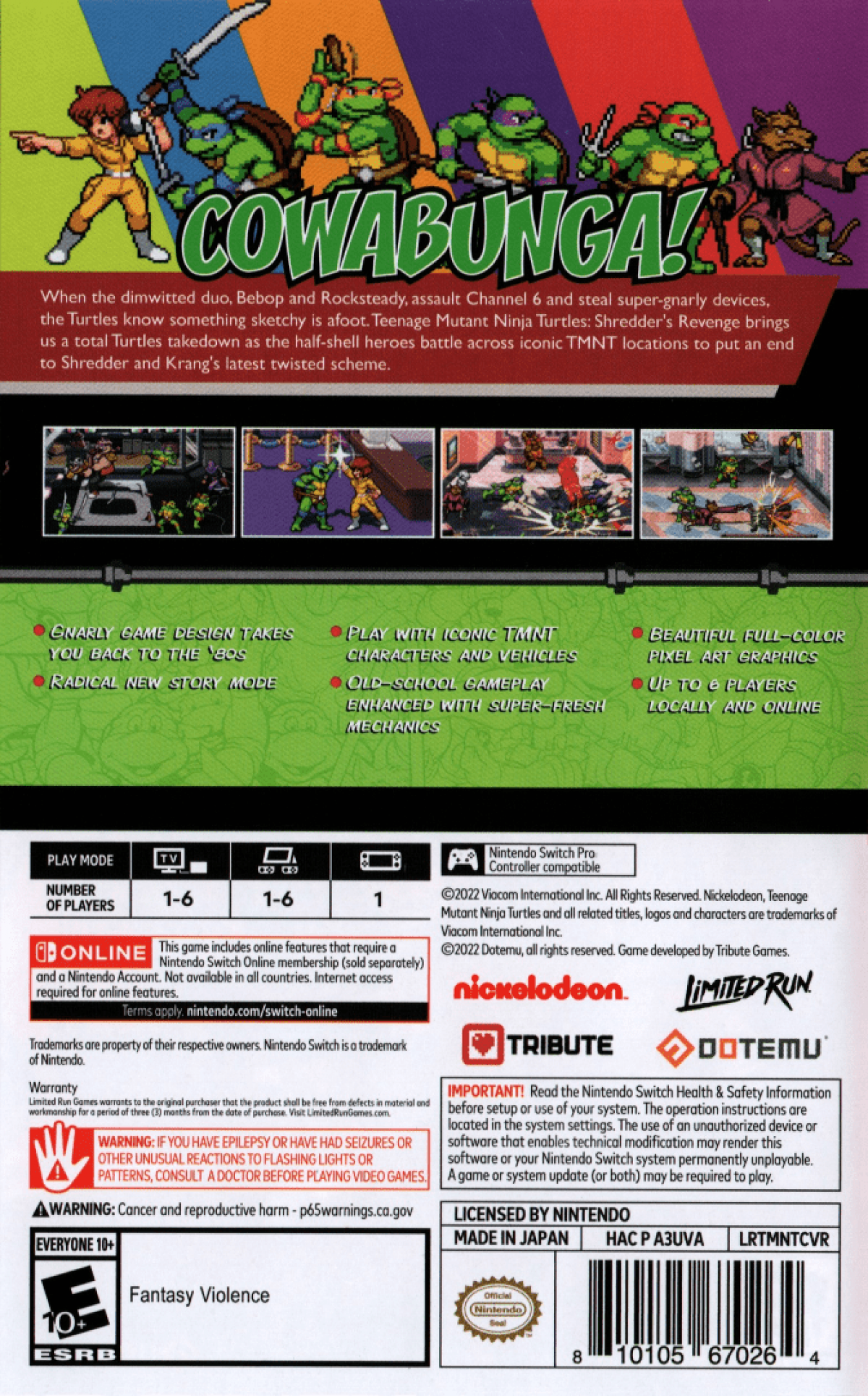 Teenage Mutant Ninja Turtles Shredders Revenge back of box for Nintendo Switch NS video game 