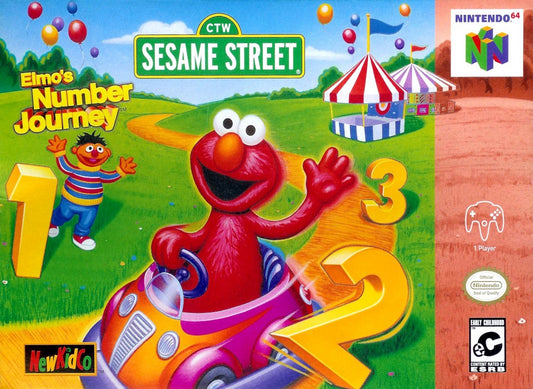 Elmo's Number Journey game for the Nintendo 64 featuring educational gameplay designed for children with number based learning activities puzzles and interactive Sesame Street themed environments starring Elmo in a boxed retail release format front cover 