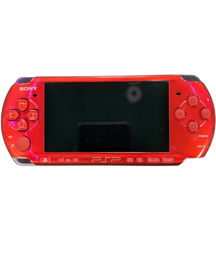 PlayStation Portable PSP 3000 Carnival Red JP import, handheld Sony gaming console, portable gaming system, Japanese region model front cover of actual device