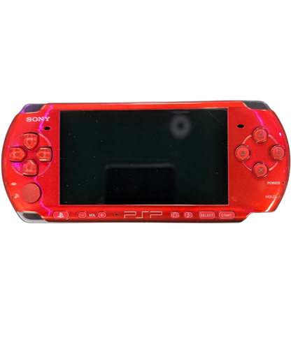 PlayStation Portable PSP 3000 Carnival Red JP import, handheld Sony gaming console, portable gaming system, Japanese region model front cover of actual device