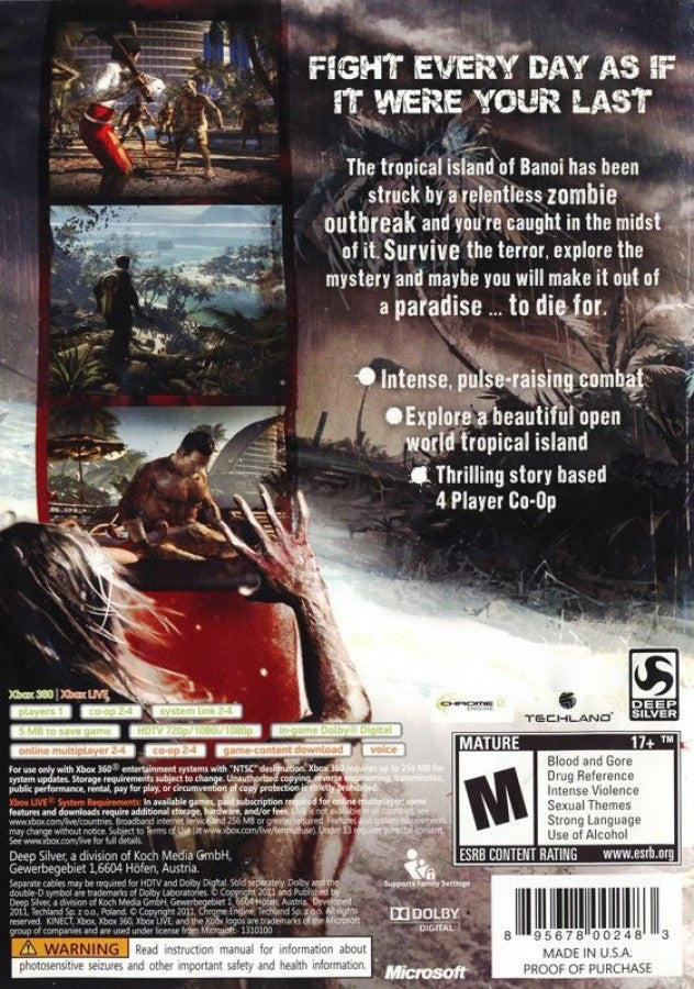 Dead Island back of box for Xbox 360 (X360) open-world survival horror video game