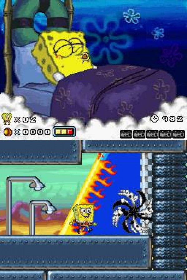 SpongeBob SquarePants Creature from the Krusty Krab Nintendo DS DS action adventure game featuring SpongeBob Patrick and Plankton surreal levels platforming challenges flying sequences boss battles and Nickelodeon cartoon gameplay retro video game collection collectible gaming appeal gameplay screenshot