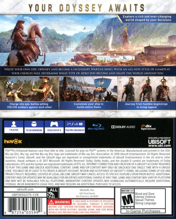 Assassin's Creed Odyssey PlayStation 4 (PS4) back of case action adventure game
